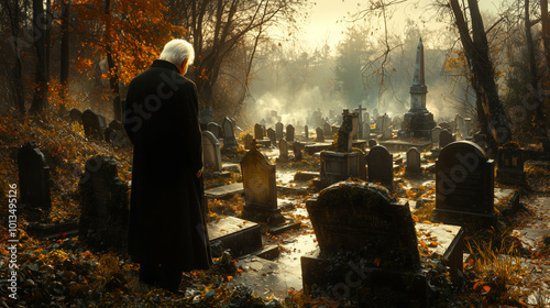 Elderly Man Reflecting in Serene, Ivy-Covered Forest Cemetery at Dusk. Non-existent person.