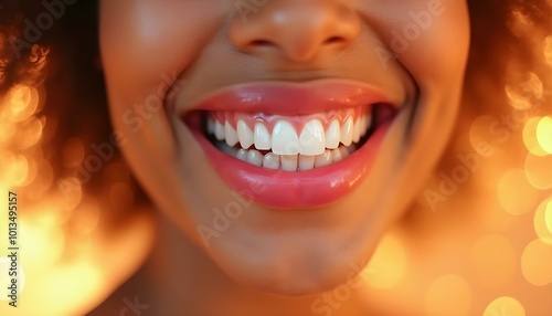 Close-up of a woman of mixed descent's smiling mouth with white teeth and bright pink lips, surrounded by a soft bokeh background of pastel colors.