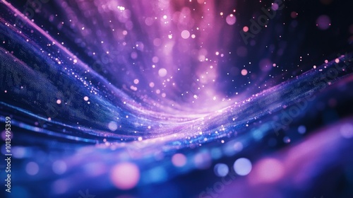 Abstract background with sparkling lights, bokeh, and a wave pattern in blue and pink colors.