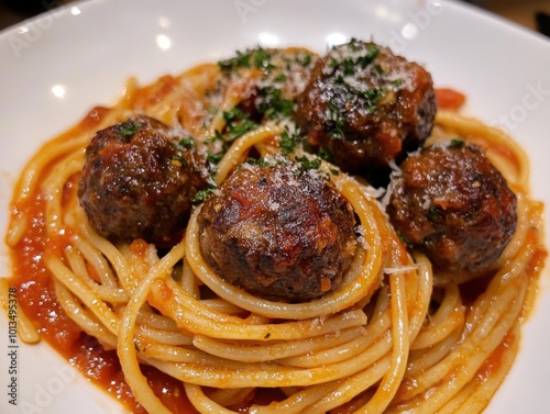 Delicious Homemade Spaghetti and Meatballs, Classic Italian Comfort Food Recipe, Easy Dinner Idea, Quick and Simple Pasta Dish, Perfect for Weeknight Meals, Savory Meatballs in Rich Marinara Sauce