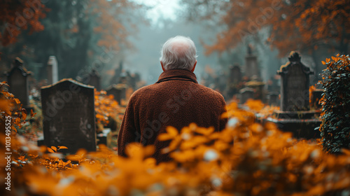 Elderly Man Reflecting in Serene, Ivy-Covered Forest Cemetery at Dusk. Non-existent person.
