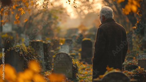 Elderly Man Reflecting in Serene, Ivy-Covered Forest Cemetery at Dusk. Non-existent person.