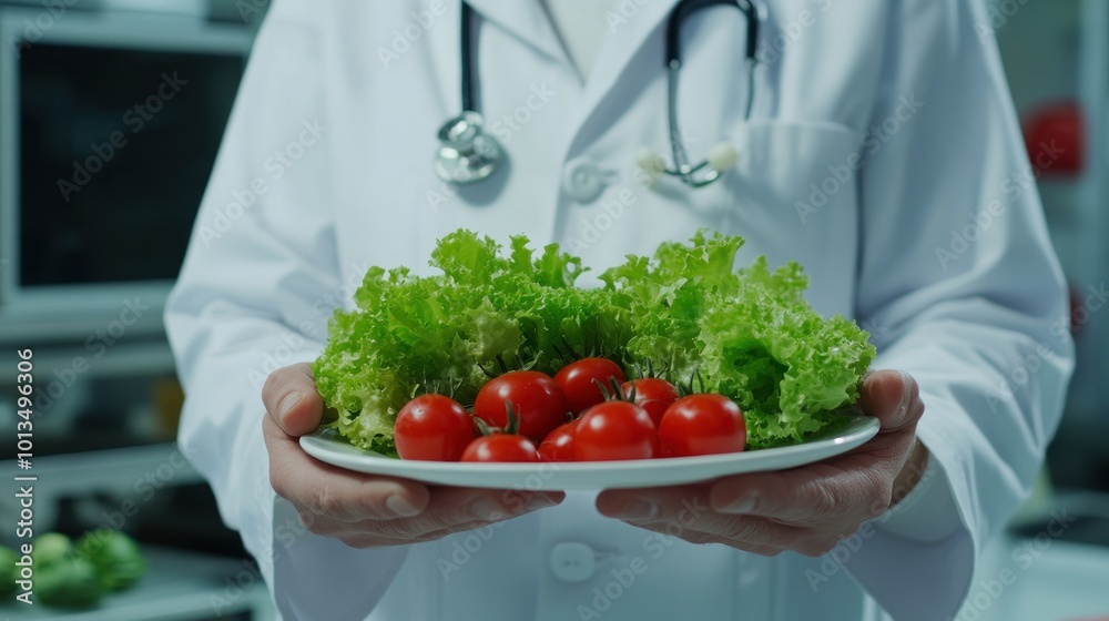 A doctor holds a plate of fresh vegetables, emphasizing healthy eating. A doctor holds a plate of fresh vegetables, emphasizing healthy eating.