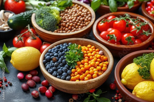 A colorful mix of fresh vegetables, berries, and legumes arranged in wooden bowls, emphasizing the beauty of a plant-based diet full of natural, nutrient-rich ingredients. 