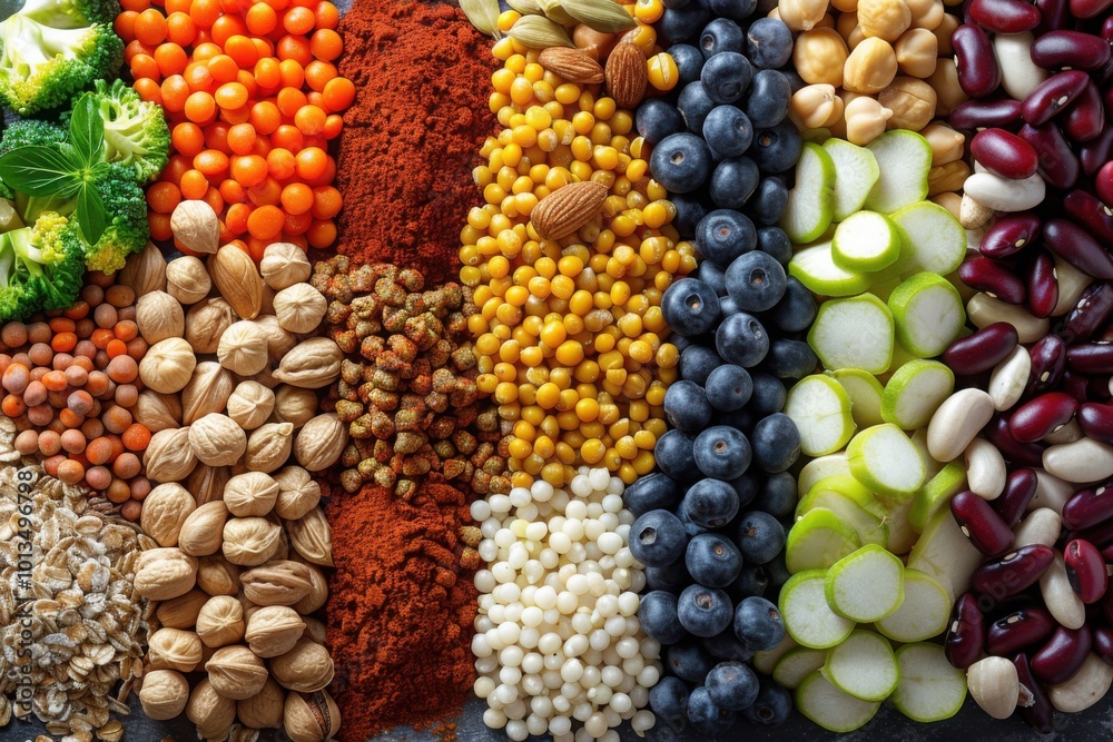 A vibrant collection of seeds, nuts, and fresh vegetables arranged in colorful rows, emphasizing the nutritional variety of plant-based foods.
A vibrant collection of seeds, nuts, and fresh vegetables arranged in colorful rows, emphasizing the nutritional variety of plant-based foods.