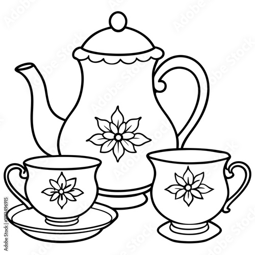 tea service with an elegant floral ornament outline coloring book page line art drawing