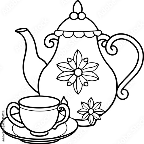 tea service with an elegant floral ornament outline coloring book page line art drawing