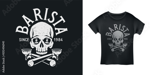 Barista t-shirt design. Skull with coffee bean eyes and crossed portafilters. Aggressive style coffee maker apparel design. Vector vintage illustration.