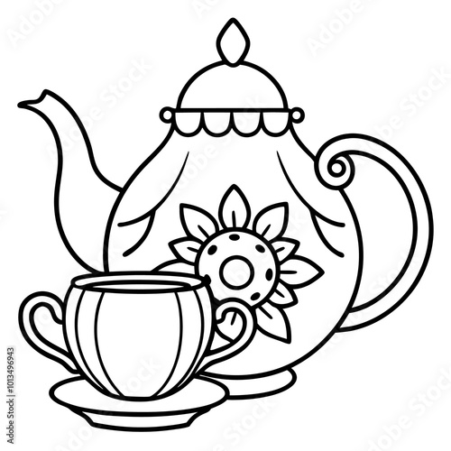 tea service with an elegant floral ornament outline coloring book page line art drawing