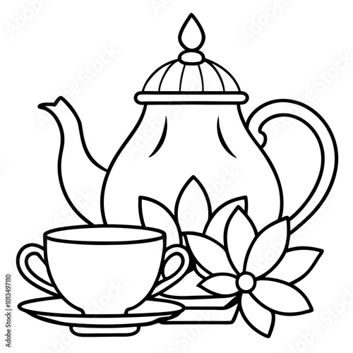 tea service with an elegant floral ornament outline coloring book page line art drawing
