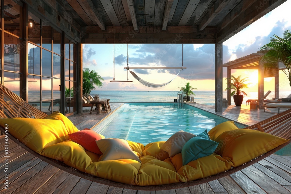 Fototapeta premium A luxurious tropical resort setting featuring a hammock, cozy pillows, and a swimming pool overlooking the ocean at sunset, symbolizing relaxation and paradise.