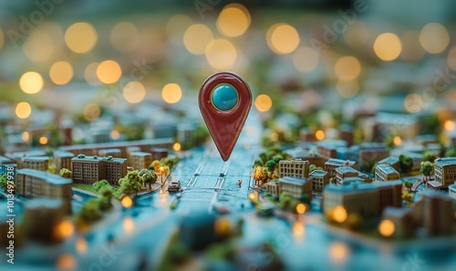 Geofencing technology. A stylized, miniature city model with a large geo pin prominently placed. The use of geofencing in urban areas for marketing, security, and logistics. Generative AI