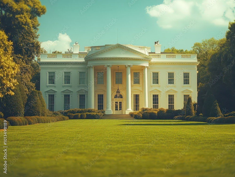 Fototapeta premium modern white house facade showcasing large windows and a welcoming door surrounded by manicured lawns under a bright blue sky symbolizing power and democracy