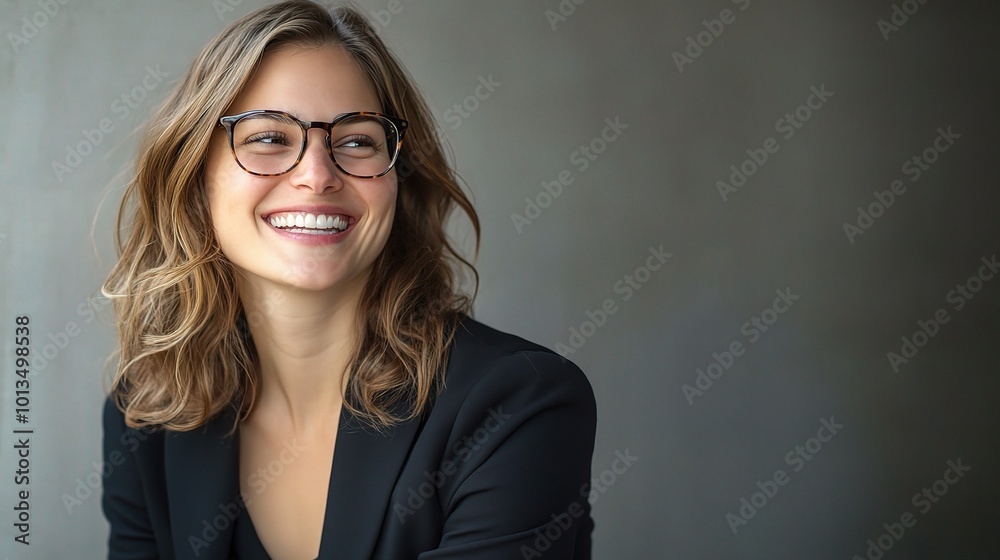 Smiling Woman with Glasses in Professional Setting Smiling Woman with Glasses in Professional Setting