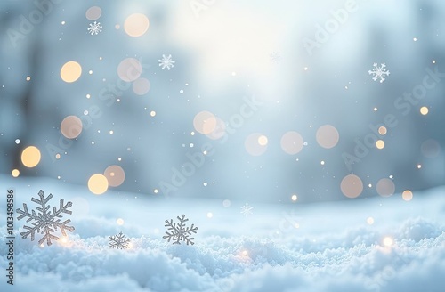 Christmas greeting card with snowflakes, subtle bokeh and a winter landscape in the background