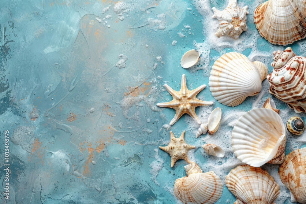 Top view of assorted seashells and starfish on a textured blue background with sea foam and bubbles. Summer seaside and beach concept. Generative AI