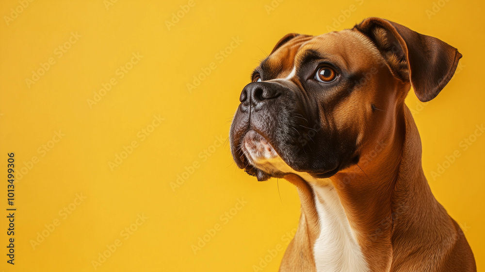 Boxer dog on a yellow background with copy space Boxer dog on a yellow background with copy space