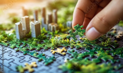 Hand carefully connects jigsaw puzzle pieces, featuring elements of a green cityscape, symbolizing the collaborative effort in building sustainable urban, Generative AI