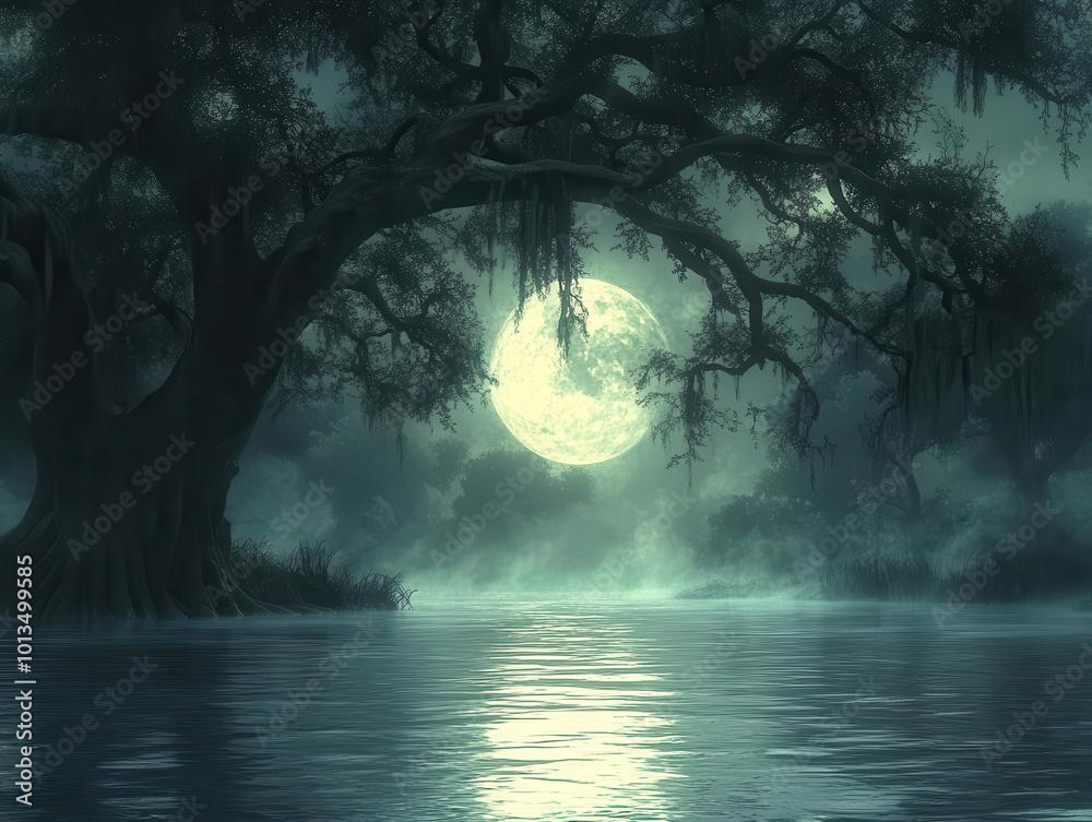 Fototapeta premium mysterious and eerie swampy river winding through ancient gnarled trees under a haunting full moon casting ghostly shadows over the dark misty water