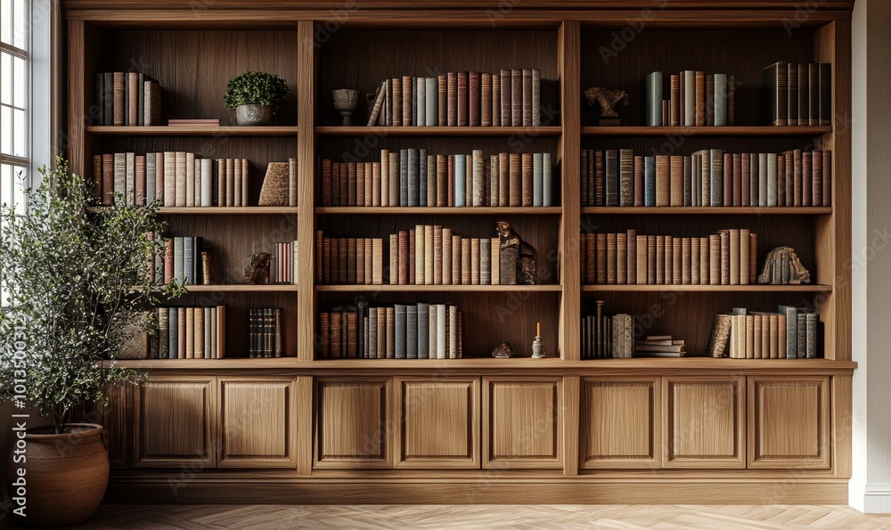 Image showcasing a traditional oak wood bookcase filled with a variety of hardcover books, providing an elegant and intellectual backdrop suitable for, Generative AI Image showcasing a traditional oak wood bookcase filled with a variety of hardcover books, providing an elegant and intellectual backdrop suitable for, Generative AI