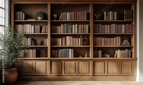 Image showcasing a traditional oak wood bookcase filled with a variety of hardcover books, providing an elegant and intellectual backdrop suitable for, Generative AI