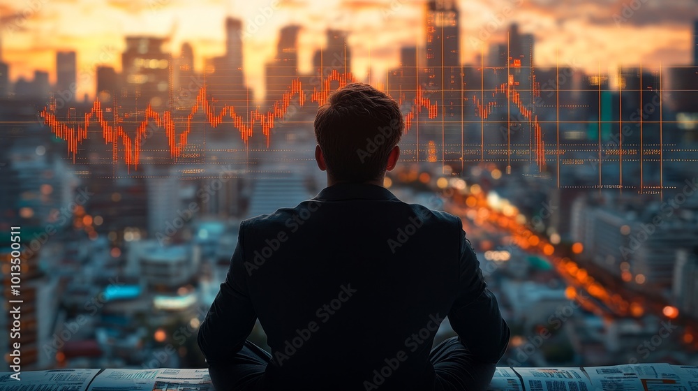 Businessman observing financial crisis chart with city backgroun, Generative AI Businessman observing financial crisis chart with city backgroun, Generative AI