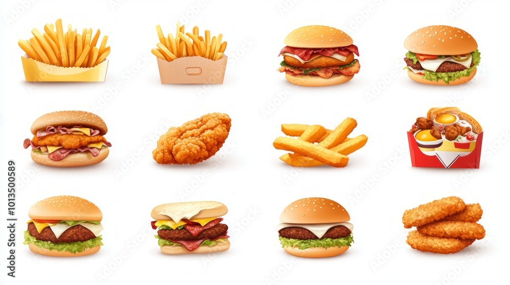 Set of realistic fast food icons including burgers, french fries, chicken tenders, and onion rings. Set of realistic fast food icons including burgers, french fries, chicken tenders, and onion rings.