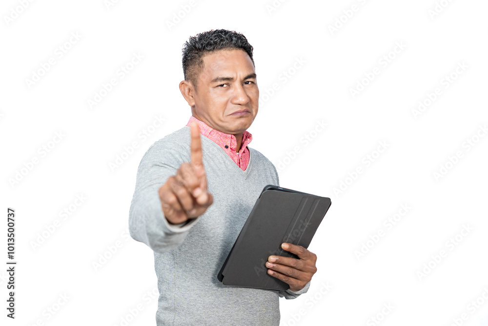 Serious expression of a man while holding a tablet isolated on a white background Serious expression of a man while holding a tablet isolated on a white background