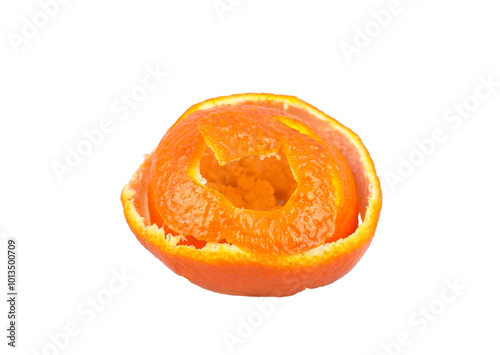 Swirly dried orange peel isolated on white background, side view