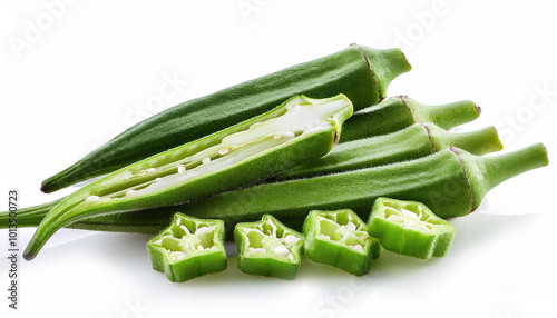 Green okra whole and sliced – a versatile and nutritious vegetable packed with health benefits.
