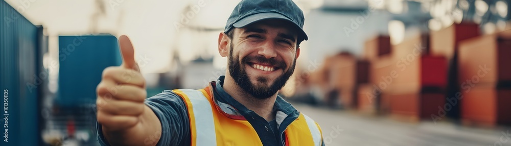 Dockworker in Safety Vest Celebrates a Successful Cargo as Ship Departs the Dock Dockworker in Safety Vest Celebrates a Successful Cargo as Ship Departs the Dock