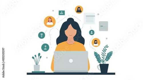 Woman typing on laptop computer, people icons and hr. Ai illustration, Generative AI