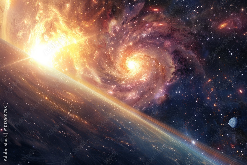 Swirling galaxy and bright cosmic explosion with planets in space ...