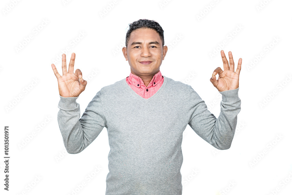 Cheerful gesture of a man in semi-formal attire isolated on a white background Cheerful gesture of a man in semi-formal attire isolated on a white background