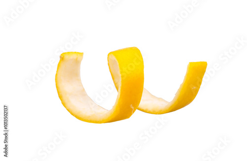 Swirly lemon peel curl isolated on white background
