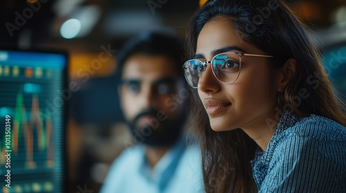 Two Young South Asian Colleagues Working in a Business Software Development Company. Female Team Leader Updating Indian Economic Strategist on Financial Market News and Investment
