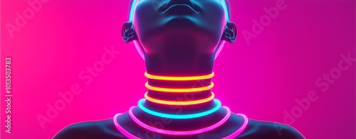 A striking image of a person with glowing neon rings around the neck, set against a vibrant pink background, evoking a futuristic and artistic vibe.