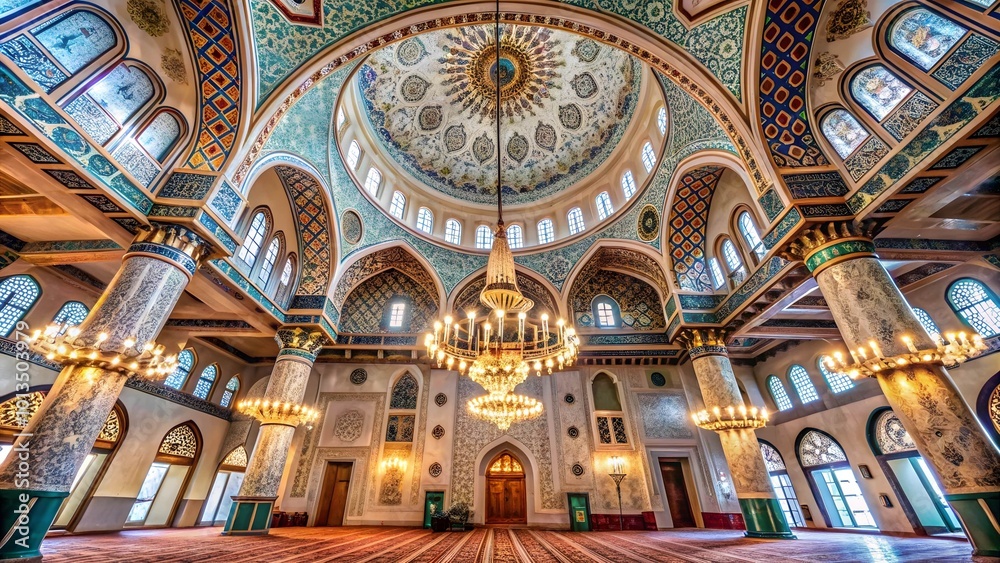 Fototapeta premium The interior of a mosque featuring stunning geometric patterns and arabesque designs on the walls, with a grand chandelier hanging from the ceiling