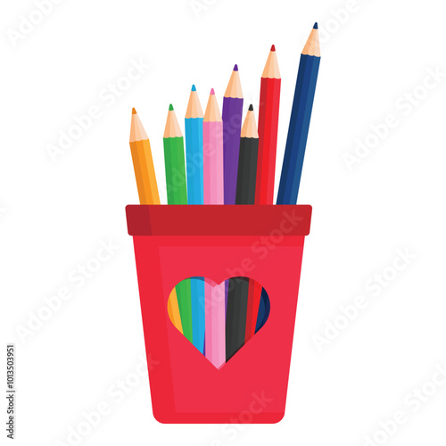 Pencil holder cup with a heart and colored pencils inside. Vector illustration isolated on white background