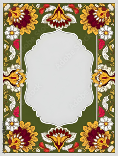 Elegant Flat Labh Pancham Diya with Floral Motif Border Frame and Ample Copy Space for Festive Invitations or Greetings photo