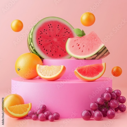 Fruit cake on a pink background with a lot of fruits.