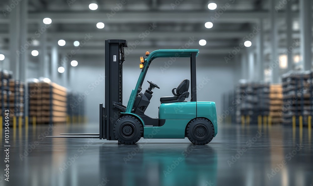 Green forklift parked in warehouse, material handling equipment on glossy floor. Storage concept. Generative AI Green forklift parked in warehouse, material handling equipment on glossy floor. Storage concept. Generative AI