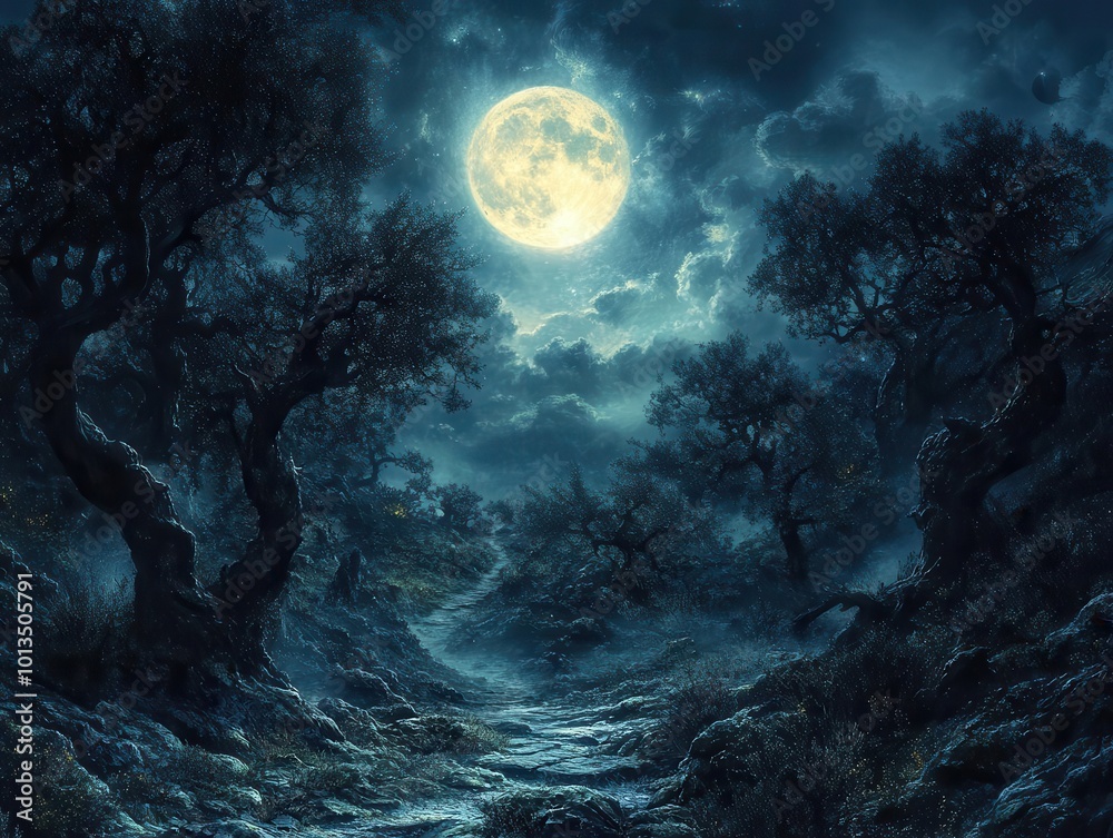 panoramic view of a dark eerie forest at night with crooked trees and a glowing full moon casting an enchanting yet spooky ambiance creating a sense of magic and mystery in a fairy tale world panoramic view of a dark eerie forest at night with crooked trees and a glowing full moon casting an enchanting yet spooky ambiance creating a sense of magic and mystery in a fairy tale world