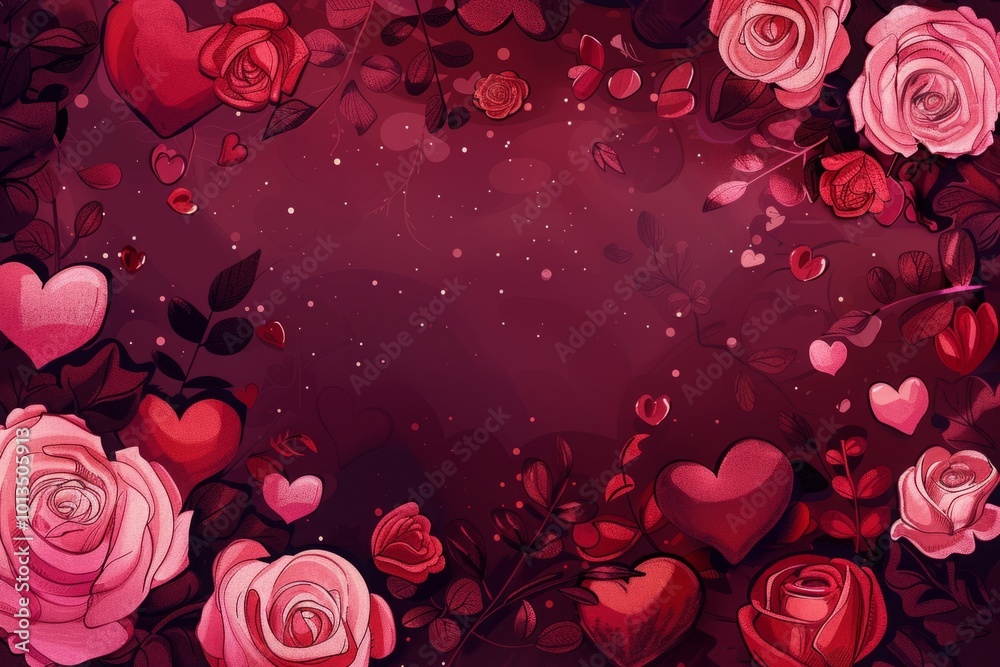 Romantic floral frame with hearts and roses on a dark red background. Perfect for Valentine's Day, love themes, wedding invitations, or greeting cards. Generative AI Romantic floral frame with hearts and roses on a dark red background. Perfect for Valentine's Day, love themes, wedding invitations, or greeting cards. Generative AI