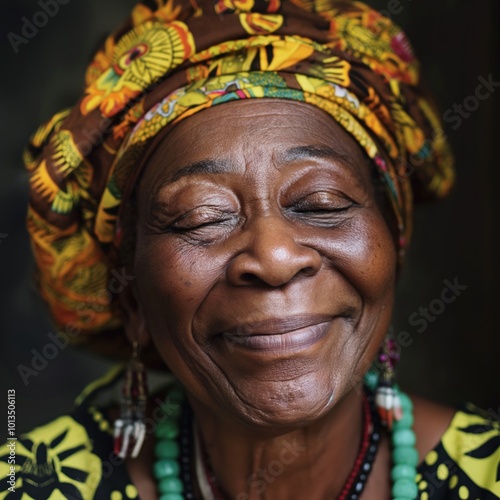 A happy Black woman radiates warmth and joy, embodying the spirit of Kwanzaa festivities