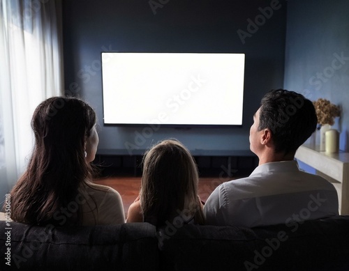 Family Watching TV with Flat White Screen - Generative AI photo