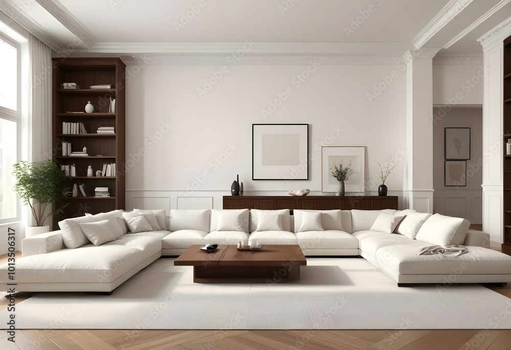 A modern, minimalist living room with a large white sectional sofa, a wooden coffee table, and built-in shelving units on the walls. A modern, minimalist living room with a large white sectional sofa, a wooden coffee table, and built-in shelving units on the walls.