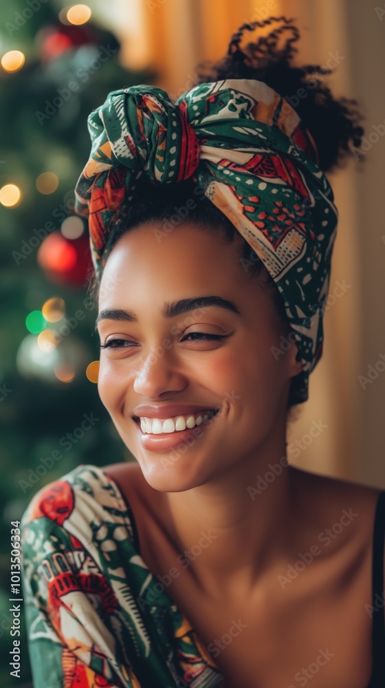 Fototapeta premium A Black woman radiates happiness while embracing the spirit of Kwanzaa amidst holiday decorations