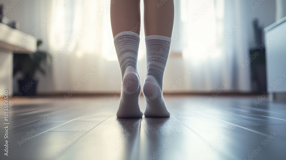 A person stands barefoot on a wooden floor, wearing white socks, in a sunlit room. A person stands barefoot on a wooden floor, wearing white socks, in a sunlit room.