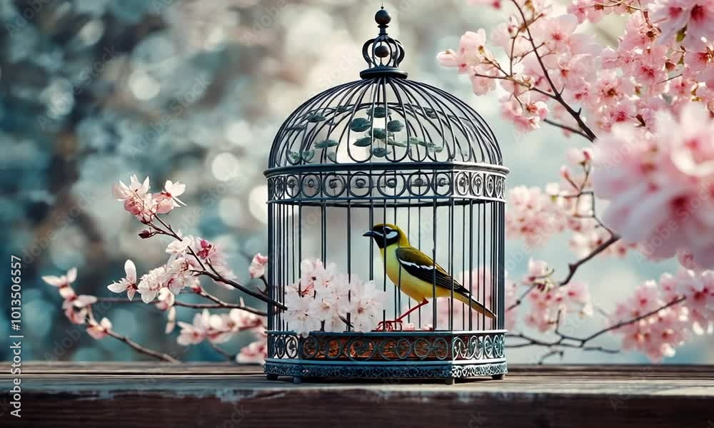 Bird in a Cage with Spring Blossoms